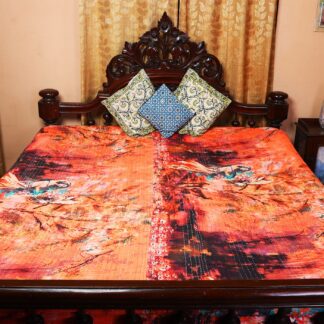 Unique orange color kantha stiched Double Bedspread / Duvet with beautiful picture