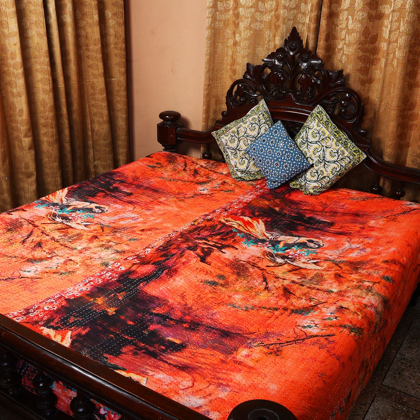 Unique orange color kantha stiched Double Bedspread / Duvet with beautiful picture - Image 2