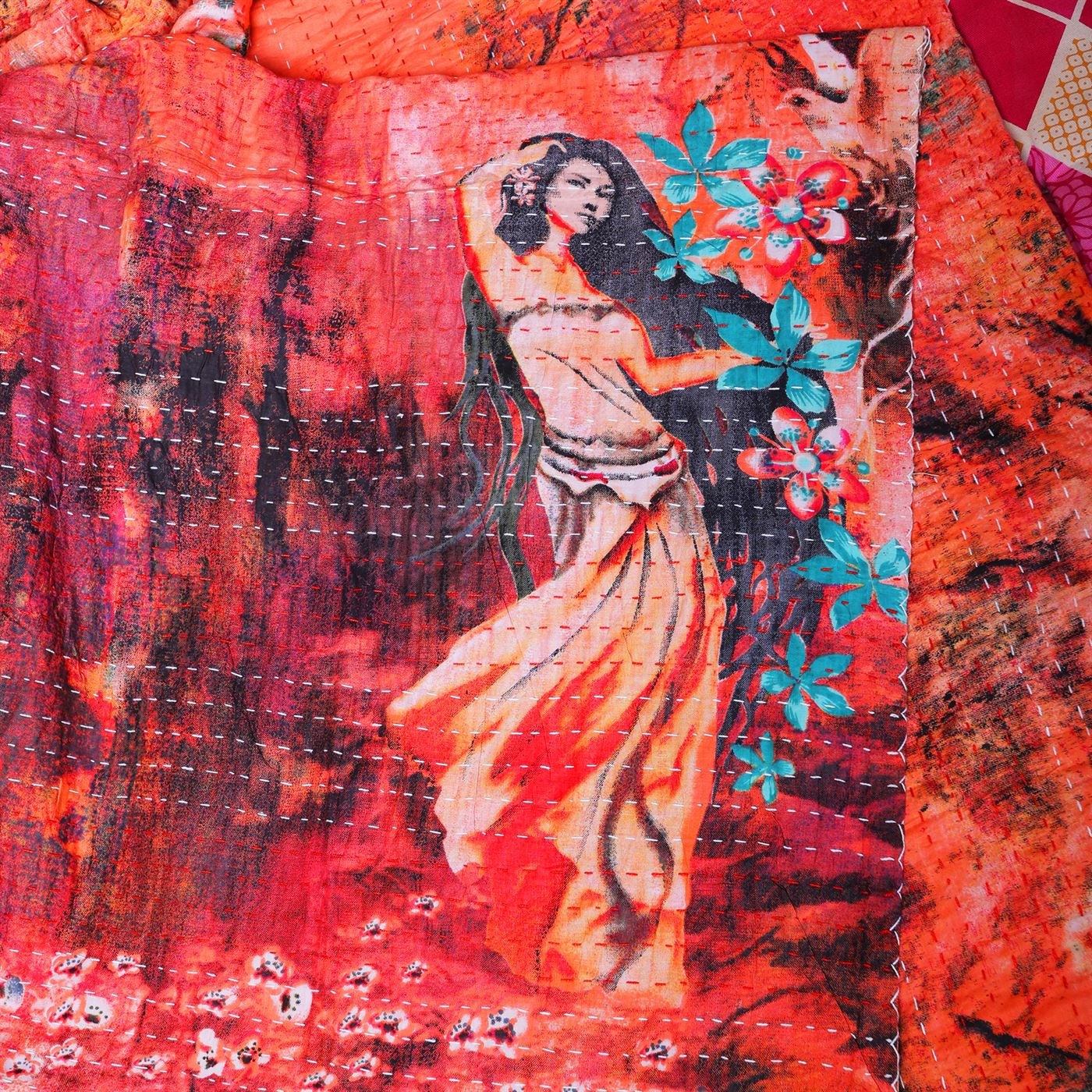Unique orange color kantha stiched Double Bedspread / Duvet with beautiful picture - Image 4