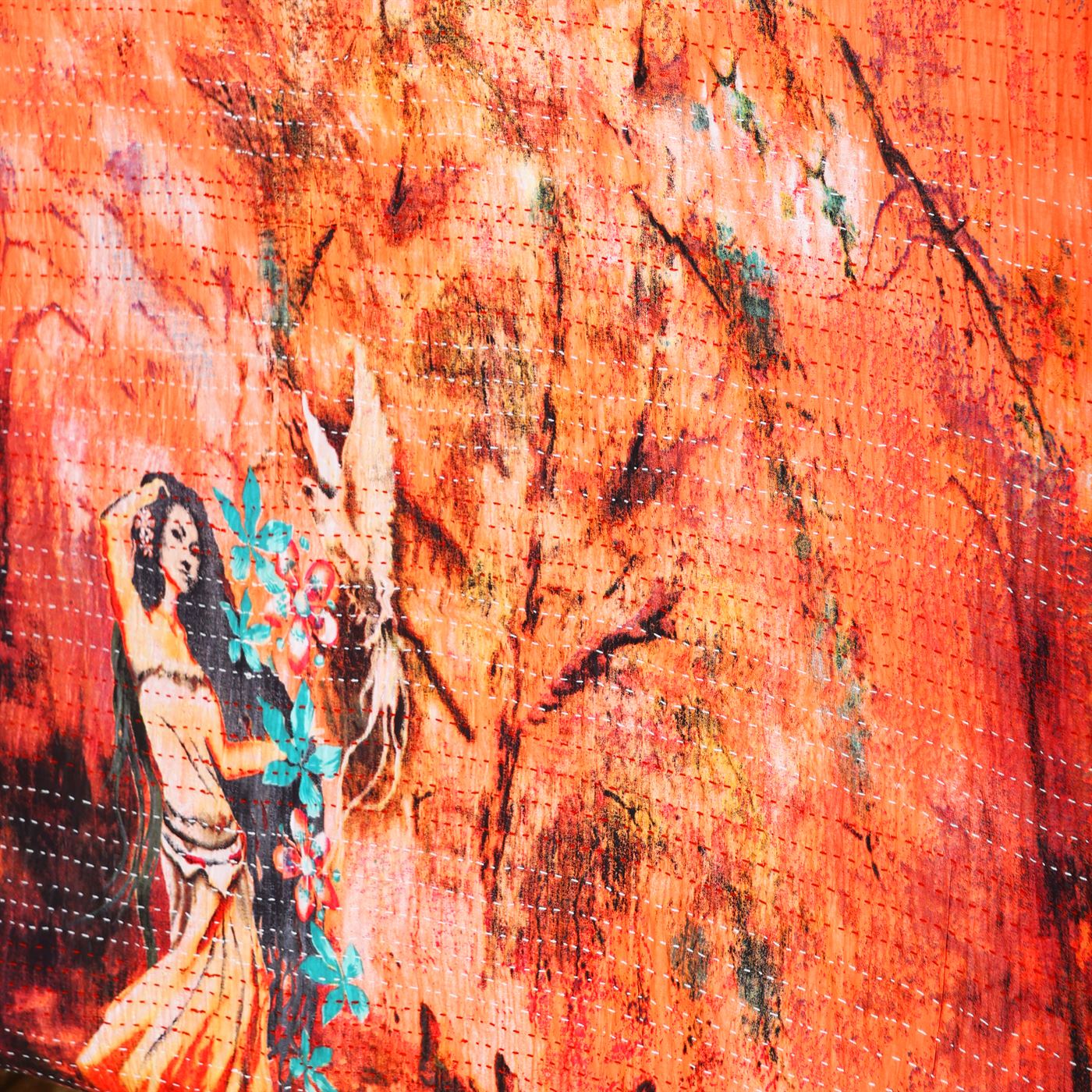 Unique orange color kantha stiched Double Bedspread / Duvet with beautiful picture - Image 5