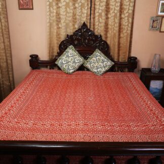 Red color kantha stitched Double Bedspread / Duvet with beautiful traditional patterns in white
